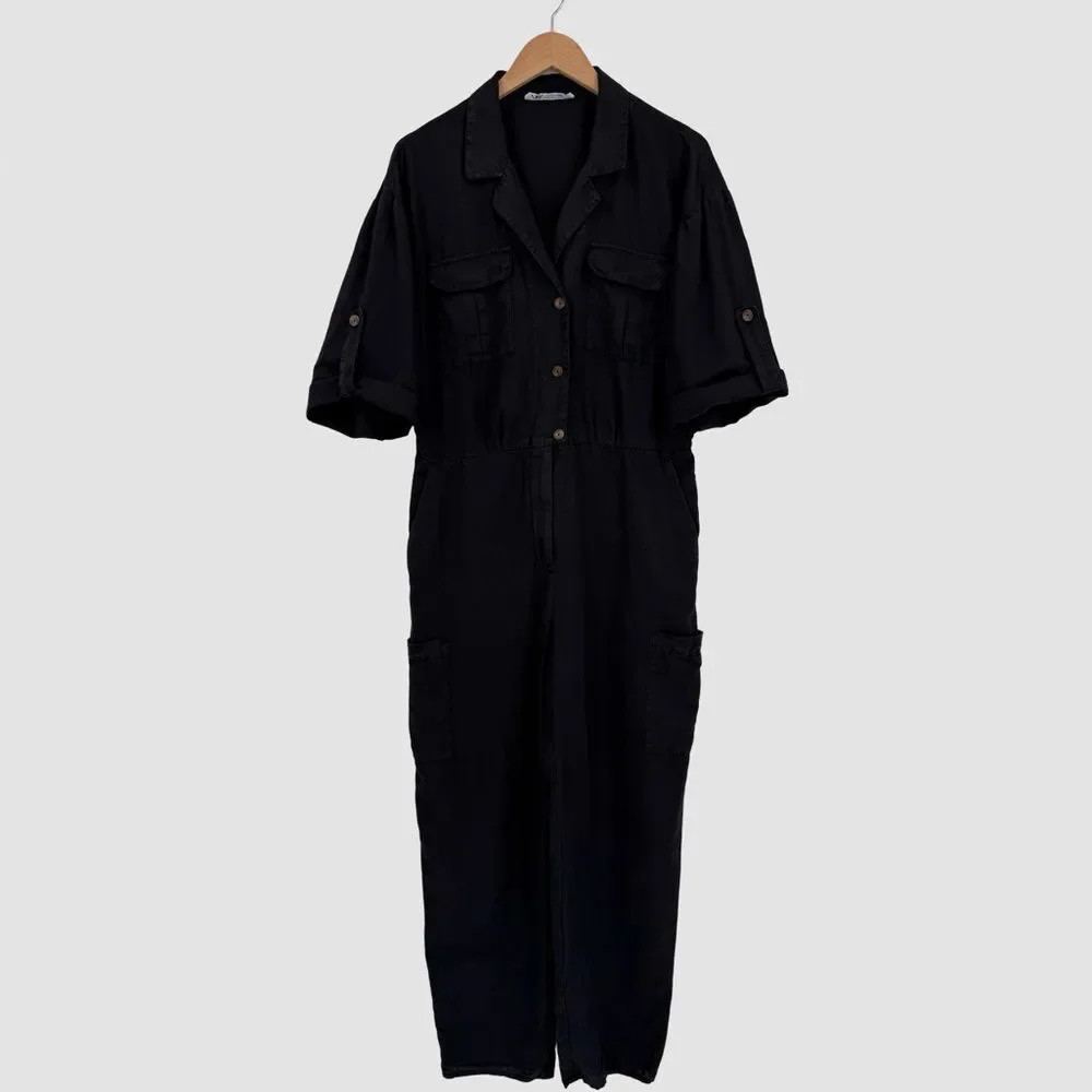 ZARA Linen Blend Button Front Utility Jumpsuit in Black | Medium